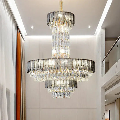 Postmodern multi-layer black crystal chandelier with dark metallic frame and clear crystals for living room decorbites crystal chandelier