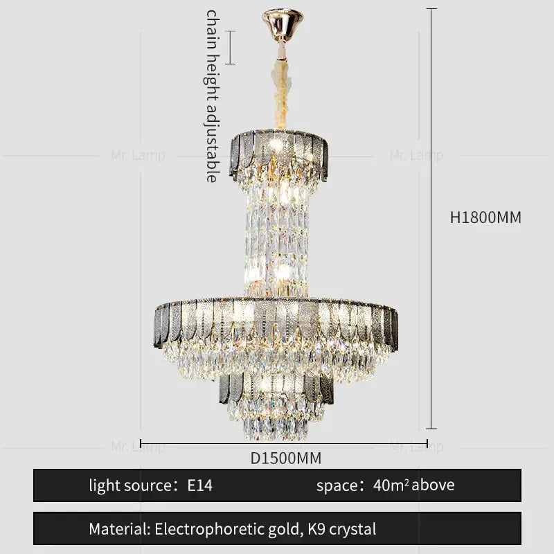 Postmodern multi-layer black crystal chandelier with cascading k9 prisms and gold accents for 40m² space decorbites crystal chandelier