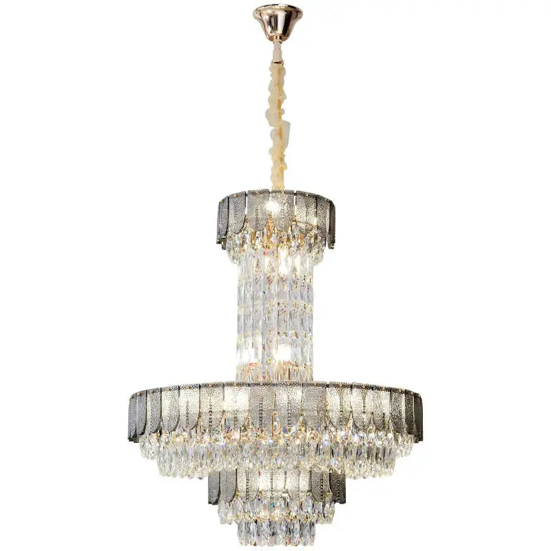 Postmodern multi-layer black crystal chandelier with brushed gold finish and cascading clear crystals for living room decorbites crystal chandelier