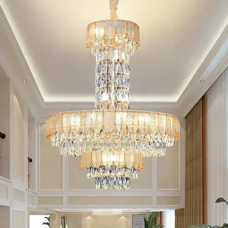 Postmodern multi-layer black crystal chandelier with gold-toned metal and clear crystals by decorbites crystal chandelier