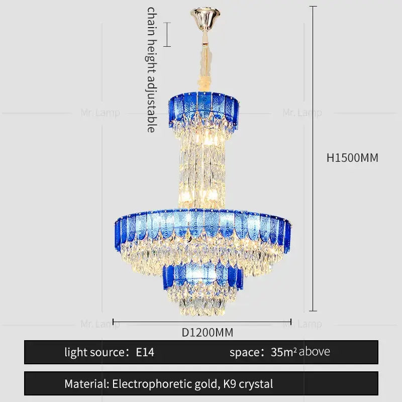Postmodern multi-layer black crystal chandelier with blue glass tiers and gold k9 crystal droplets by decorbites crystal chandelier