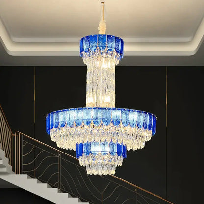 Postmodern multi-layer black decorbites crystal chandelier with vibrant blue glass tiers and clear crystal droplets for living room