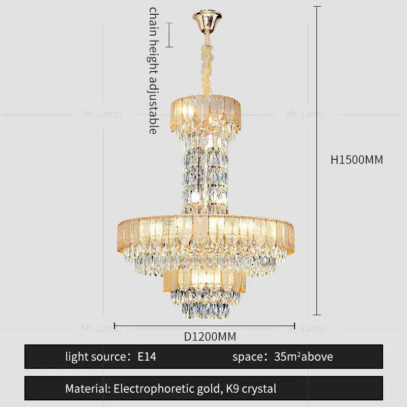 Postmodern gold decorbites crystal chandelier with multi-tier k9 crystals hanging from adjustable chain for living room