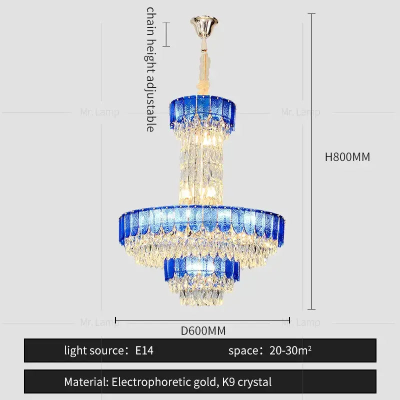 Postmodern multi-layer blue and clear crystal chandelier with electrophoretic gold finish decorbites crystal chandelier