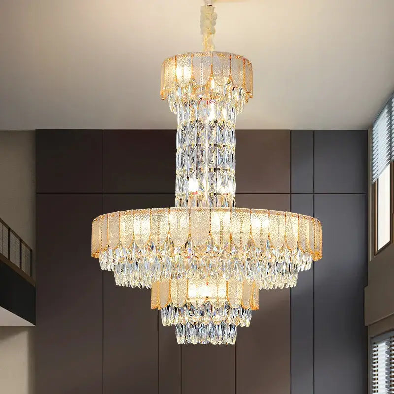 Postmodern multi-layer black decorbites crystal chandelier with gold-toned accents and cascading clear crystals for living room