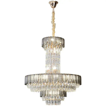 Postmodern multi-layer black decorbites crystal chandelier with brushed gold finish and cascading clear crystals for living room