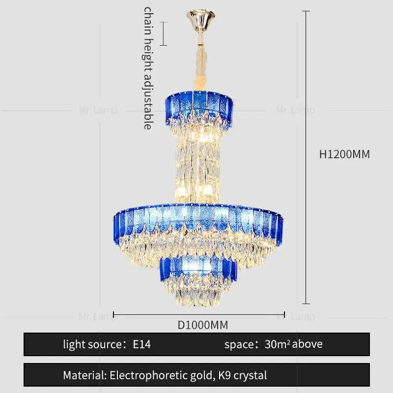 Postmodern multi-layer black decorbites crystal chandelier with blue clear crystals and electrophoretic gold finish for living room