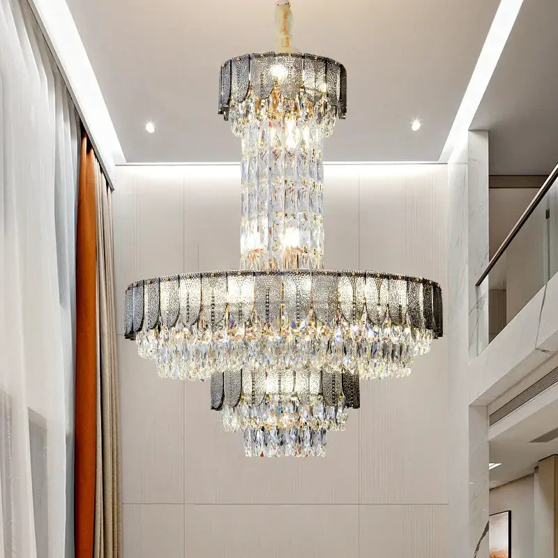Postmodern multi-tiered black decorbites crystal chandelier with cascading clear crystals for living room decor