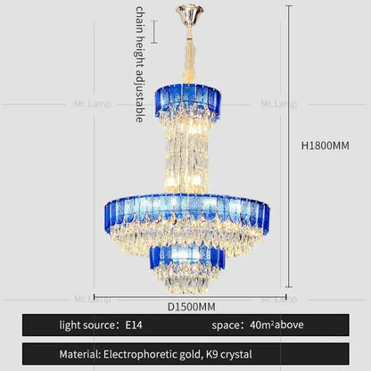 Postmodern multi-layer black decorbites crystal chandelier with blue clear crystals and electrophoretic gold finish for living room