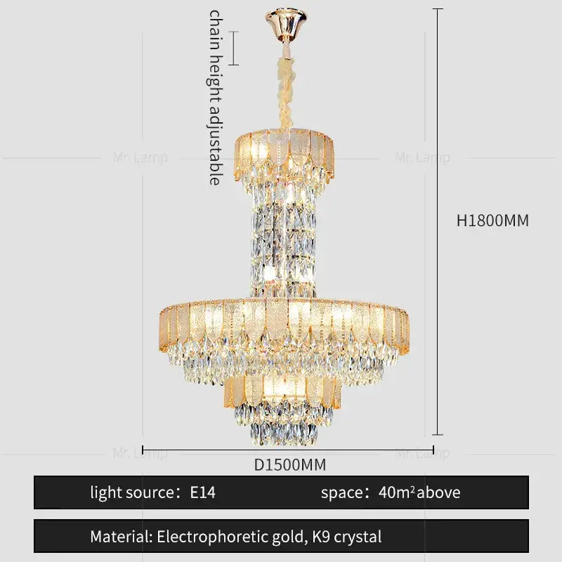 Postmodern two-tiered decorbites crystal chandelier with cascading k9 crystals and gold accents for elegant living room
