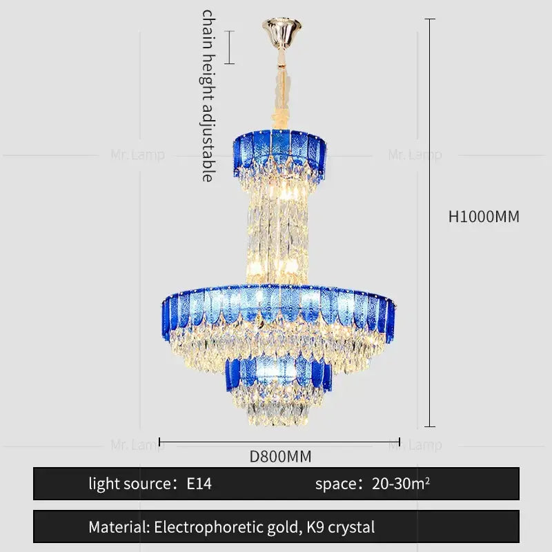 Postmodern multi-layer black decorbites crystal chandelier with blue clear crystals and electrophoretic gold accents for living room