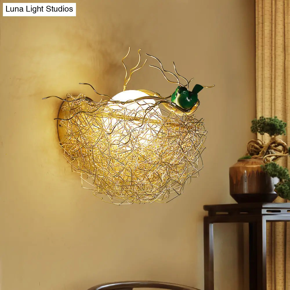 DecorBites™ DecorBites™ Postmodern Opal Glass Globe Wall Sconce Light with Bird Nest Design - Gold Wall Lamp 14"/15" Wide
