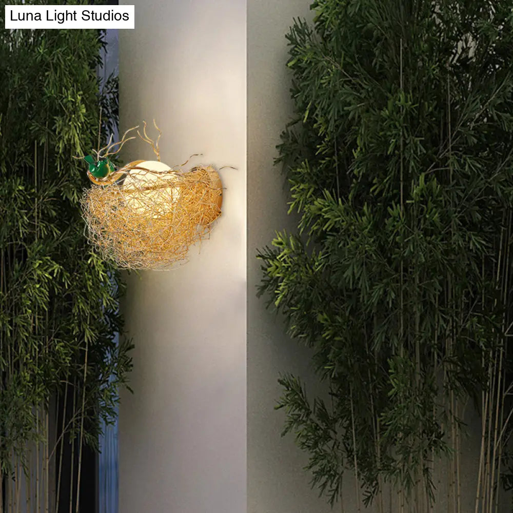 DecorBites™ DecorBites™ Postmodern Opal Glass Globe Wall Sconce Light with Bird Nest Design - Gold Wall Lamp 14"/15" Wide