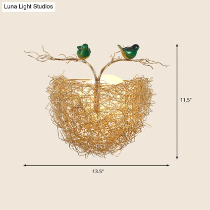 DecorBites™ DecorBites™ Postmodern Opal Glass Globe Wall Sconce Light with Bird Nest Design - Gold Wall Lamp 14"/15" Wide