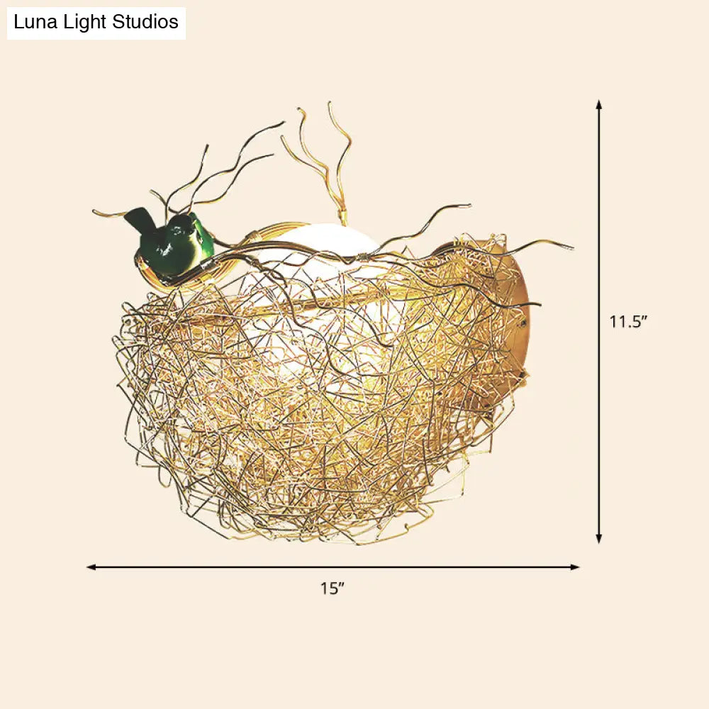 DecorBites™ DecorBites™ Postmodern Opal Glass Globe Wall Sconce Light with Bird Nest Design - Gold Wall Lamp 14"/15" Wide