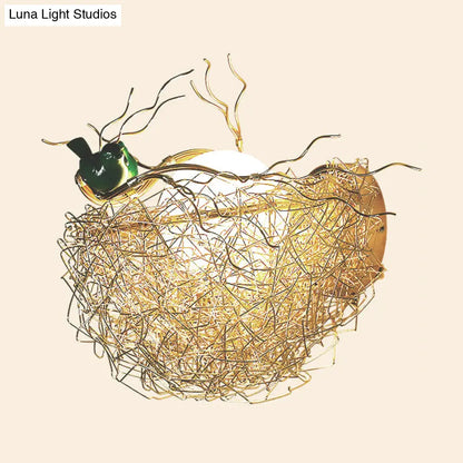 DecorBites™ DecorBites™ Postmodern Opal Glass Globe Wall Sconce Light with Bird Nest Design - Gold Wall Lamp 14"/15" Wide