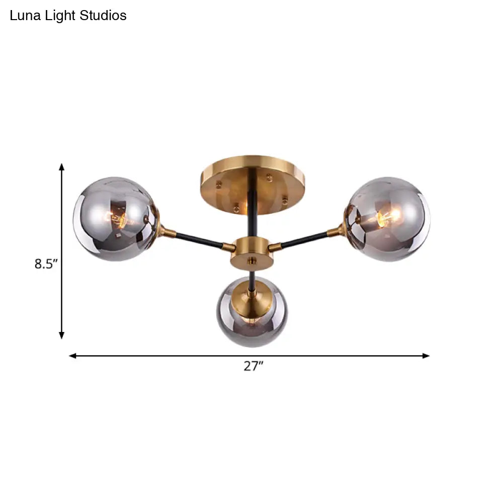 Postmodern Radial Smoke Glass Semi Flush Ceiling Chandelier - Brass & Black - 3/6 Heads