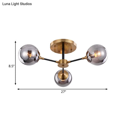 Postmodern Radial Smoke Glass Semi Flush Ceiling Chandelier - Brass & Black - 3/6 Heads