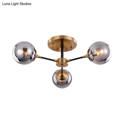 Postmodern Radial Smoke Glass Semi Flush Ceiling Chandelier - Brass & Black - 3/6 Heads