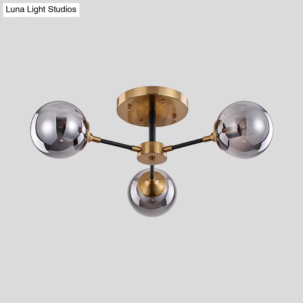 Postmodern Radial Smoke Glass Semi Flush Ceiling Chandelier - Brass & Black - 3/6 Heads