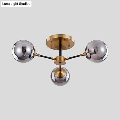 Postmodern Radial Smoke Glass Semi Flush Ceiling Chandelier - Brass & Black - 3/6 Heads