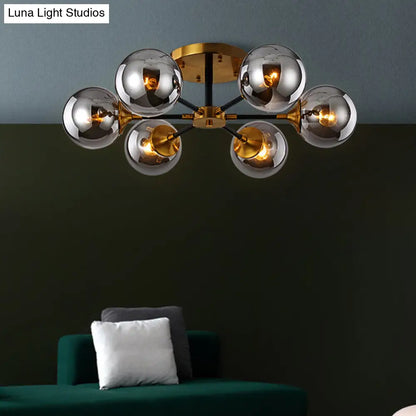 Postmodern Radial Smoke Glass Semi Flush Ceiling Chandelier - Brass & Black - 3/6 Heads