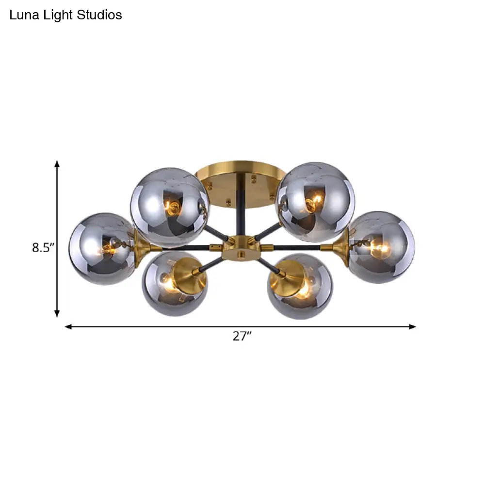 Postmodern Radial Smoke Glass Semi Flush Ceiling Chandelier - Brass & Black - 3/6 Heads