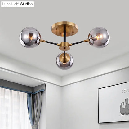 Postmodern Radial Smoke Glass Semi Flush Ceiling Chandelier - Brass & Black - 3/6 Heads