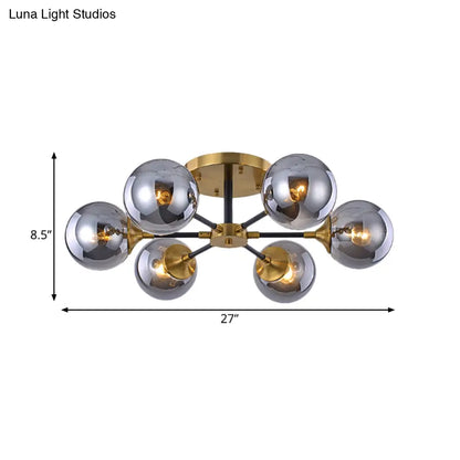 Postmodern Radial Smoke Glass Semi Flush Ceiling Chandelier - Brass & Black - 3/6 Heads