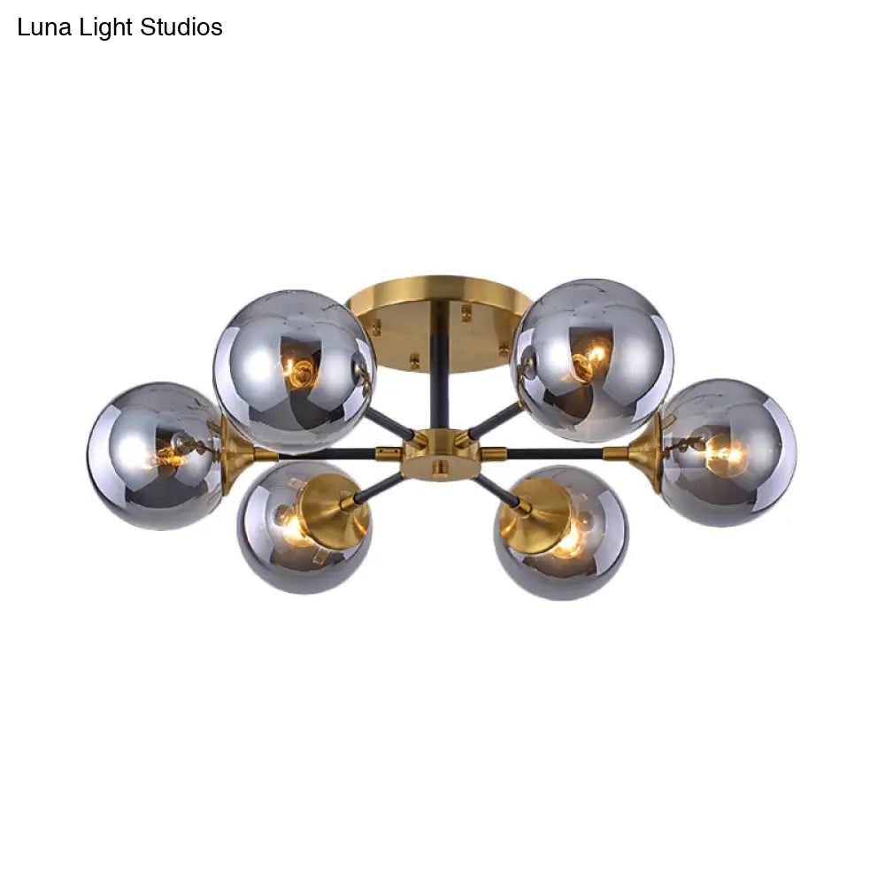 Postmodern Radial Smoke Glass Semi Flush Ceiling Chandelier - Brass & Black - 3/6 Heads