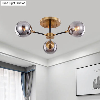 Postmodern Radial Smoke Glass Semi Flush Ceiling Chandelier - Brass & Black - 3/6 Heads