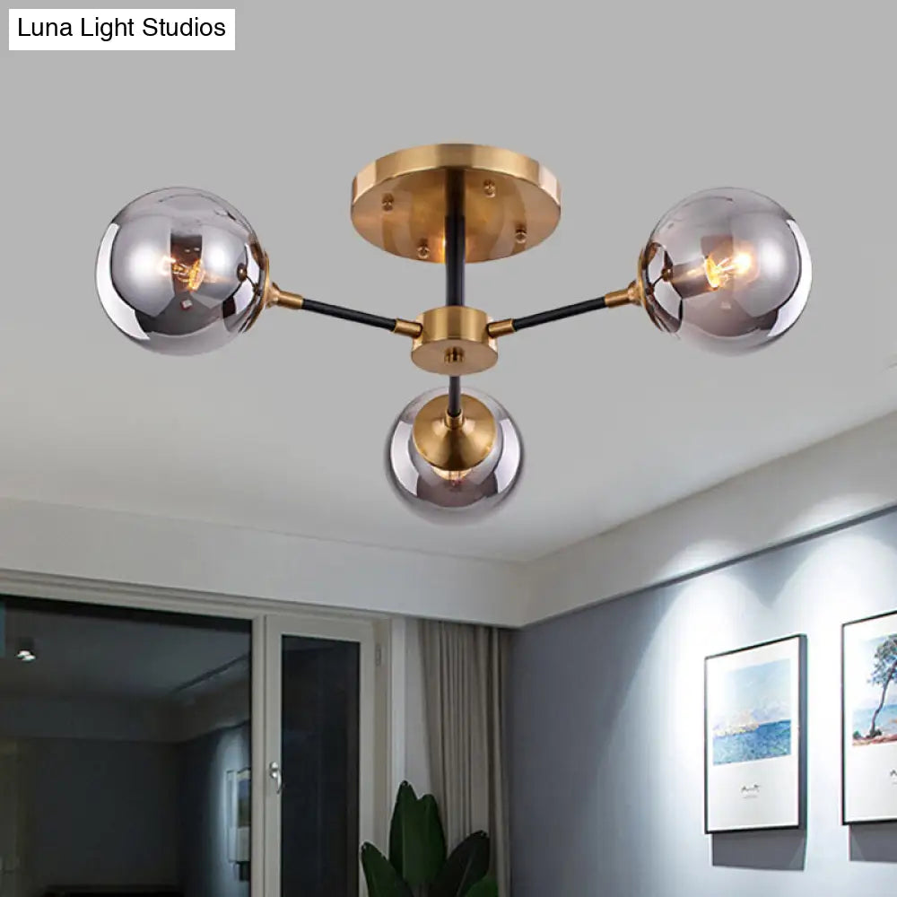 Postmodern Radial Smoke Glass Semi Flush Ceiling Chandelier - Brass & Black - 3/6 Heads