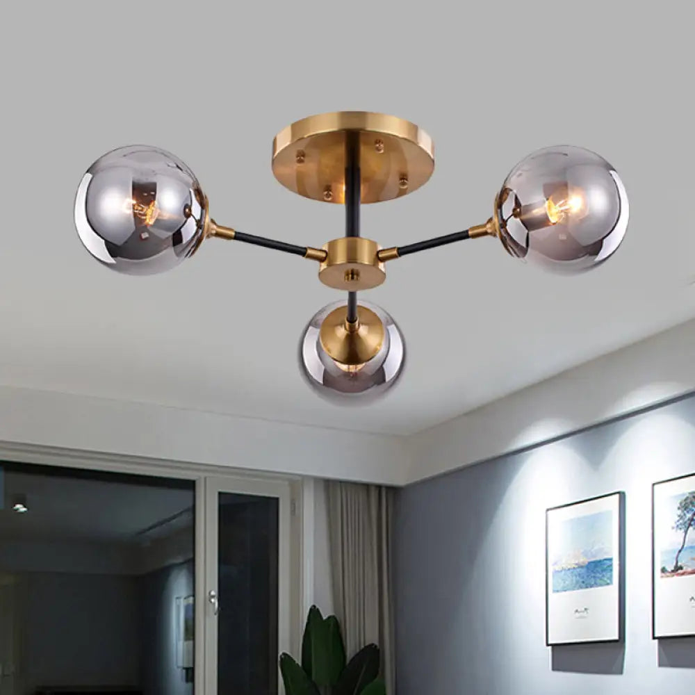 DecorBites™ DecorBites™ Postmodern Radial Smoke Glass Semi Flush Ceiling Chandelier - Brass & Black - 3/6 Heads