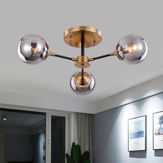 Postmodern Radial Smoke Glass Semi Flush Ceiling Chandelier - Brass & Black - 3/6 Heads