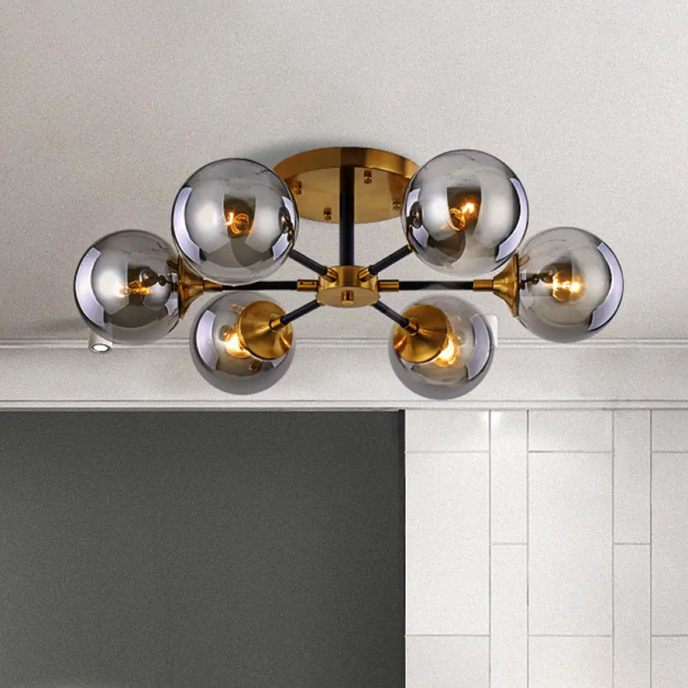 Postmodern Radial Smoke Glass Semi Flush Ceiling Chandelier - Brass & Black - 3/6 Heads