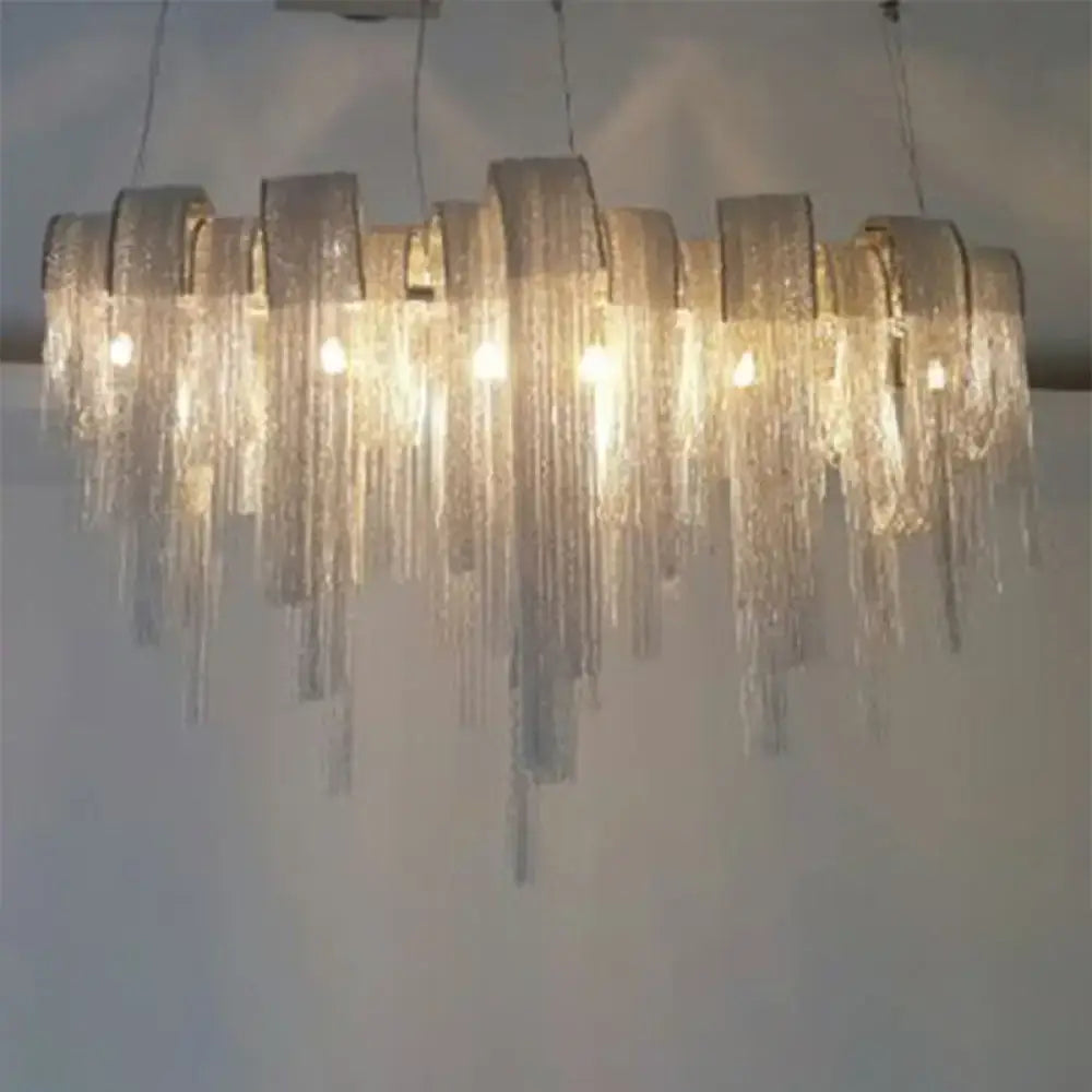 Decorbites postmodern silver lobby chandelier features an arch aluminum chain with cascading glass prisms and 220v-240v 110v-120v compatibility