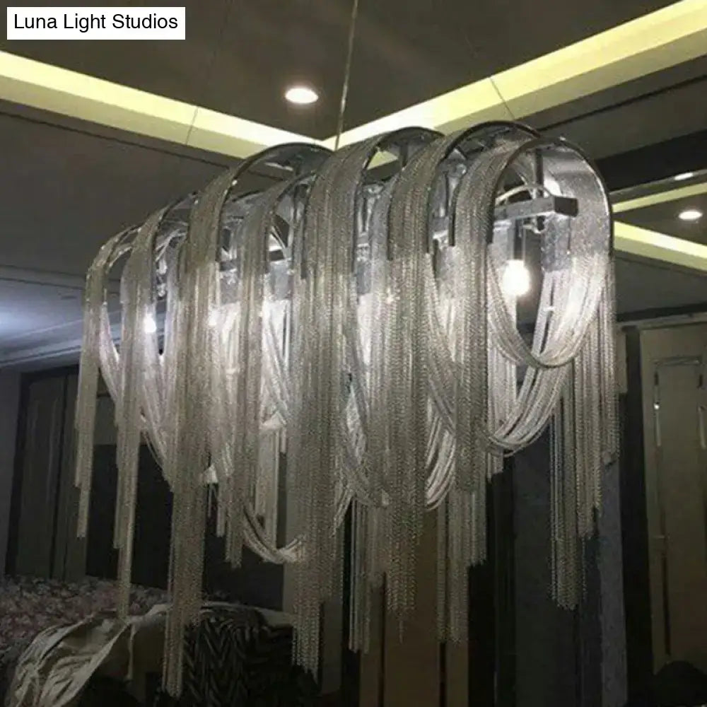 Silver metallic DecorBites™ postmodern chain chandelier with cascading arch aluminum chain and 12-bulb lights 220v-240v 110v-120v