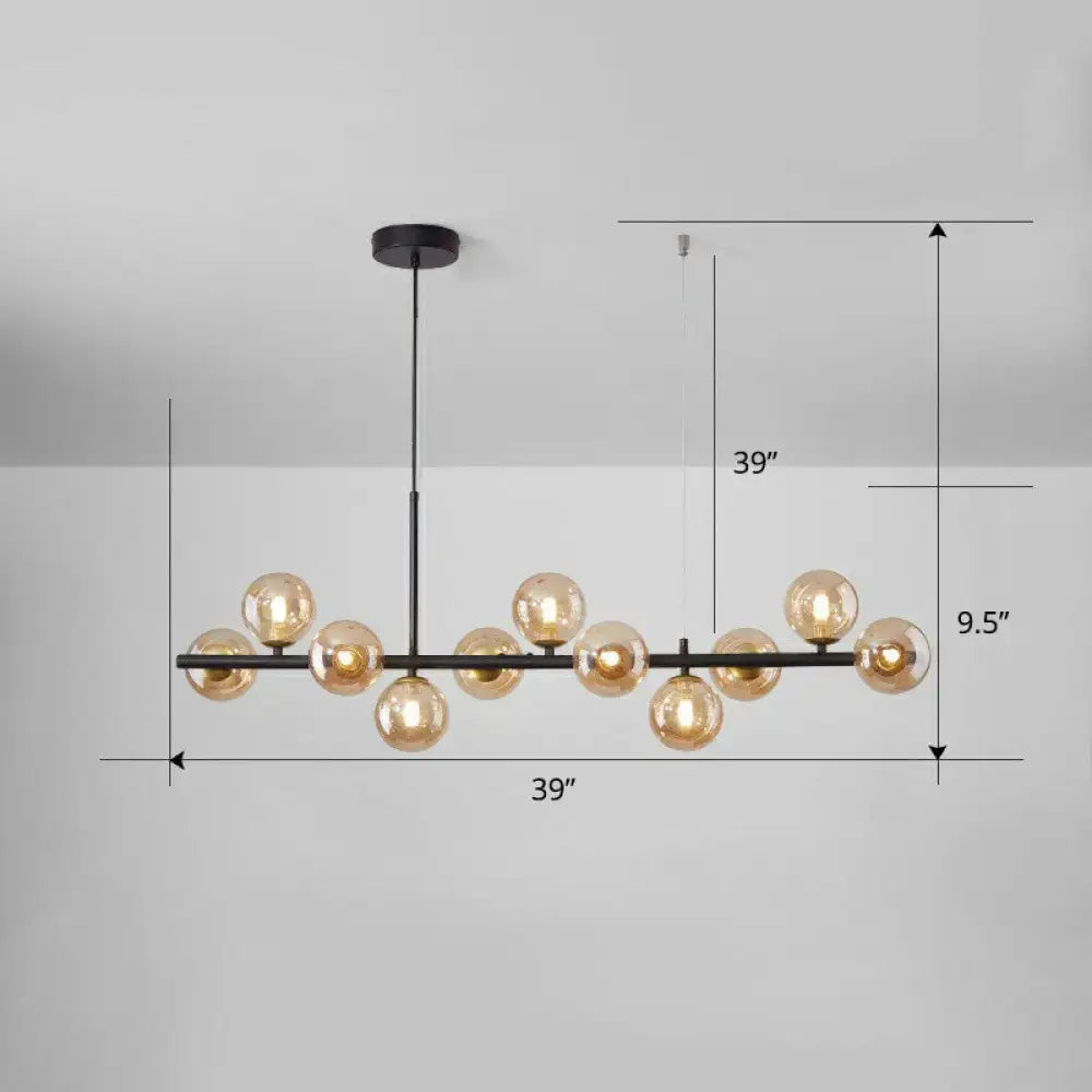 Decorbites™ led island pendant light with black metal frame and ten amber glass globes in smoke grey cognac for dining room