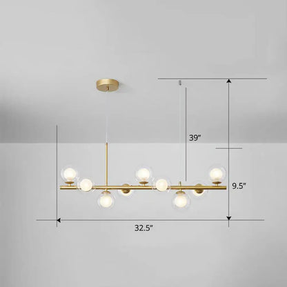 Decorbites™ modern brass pendant light with nine clear smoke grey glass globes for dining room island lighting
