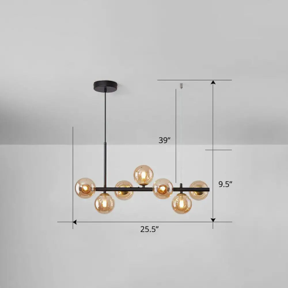 Modern black metal chandelier with seven amber glass globes for dining room in smoke grey cognac finish