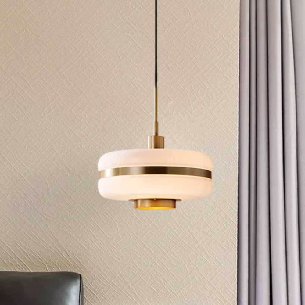 Postmodern White Glass Drum Pendant Light Fixture - 1 Light Bedroom Ceiling Hanging Light