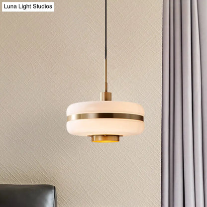 Postmodern White Glass Drum Pendant Light Fixture - 1 Light Bedroom Ceiling Hanging Light