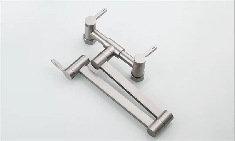 Stainless steel single hole wall mounted pot filler tap with two handles and foldable brushed gold brass spout