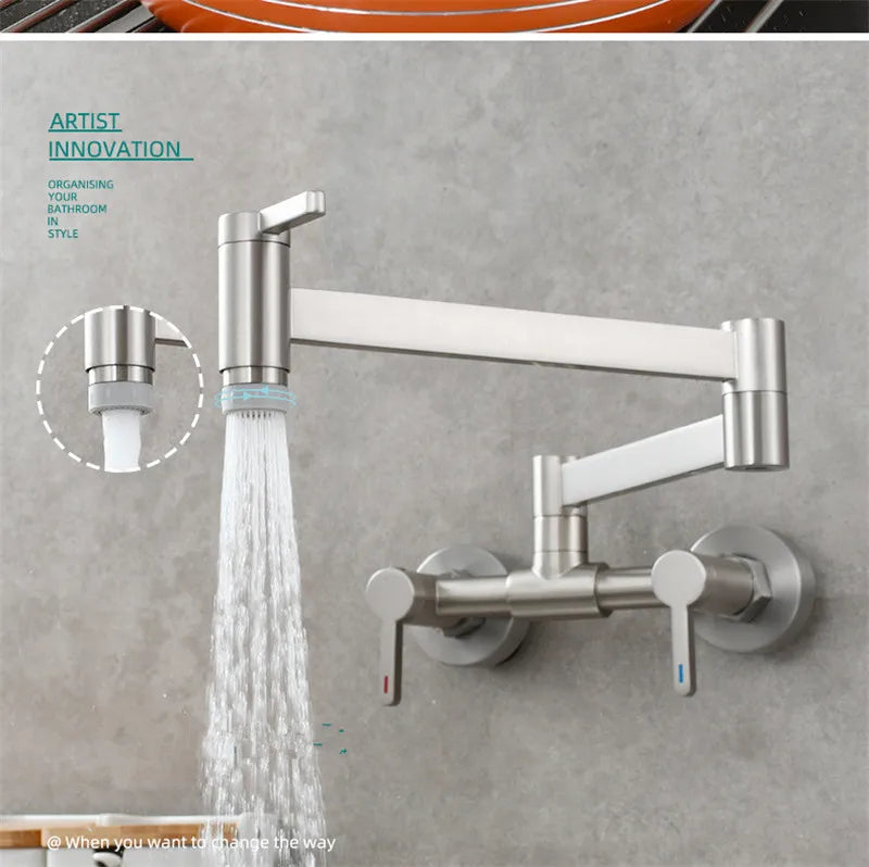 Modern brushed gold brass wall mounted pot filler tap with single hole foldable articulated arm and dual handles