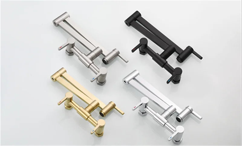 Modern brushed metal wall mounted single hole pot filler tap handles in silver matte black and gold finishes