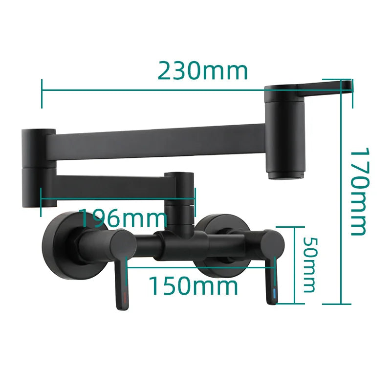 Black matte wall mounted single hole pot filler tap with articulated arm and dual handles for kitchen use