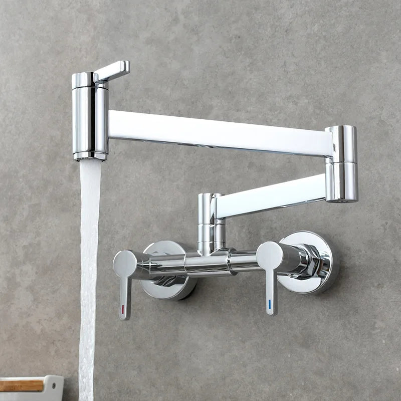 Chrome-finished wall mounted pot filler tap with articulated foldable spout and dual handles for single hole installation