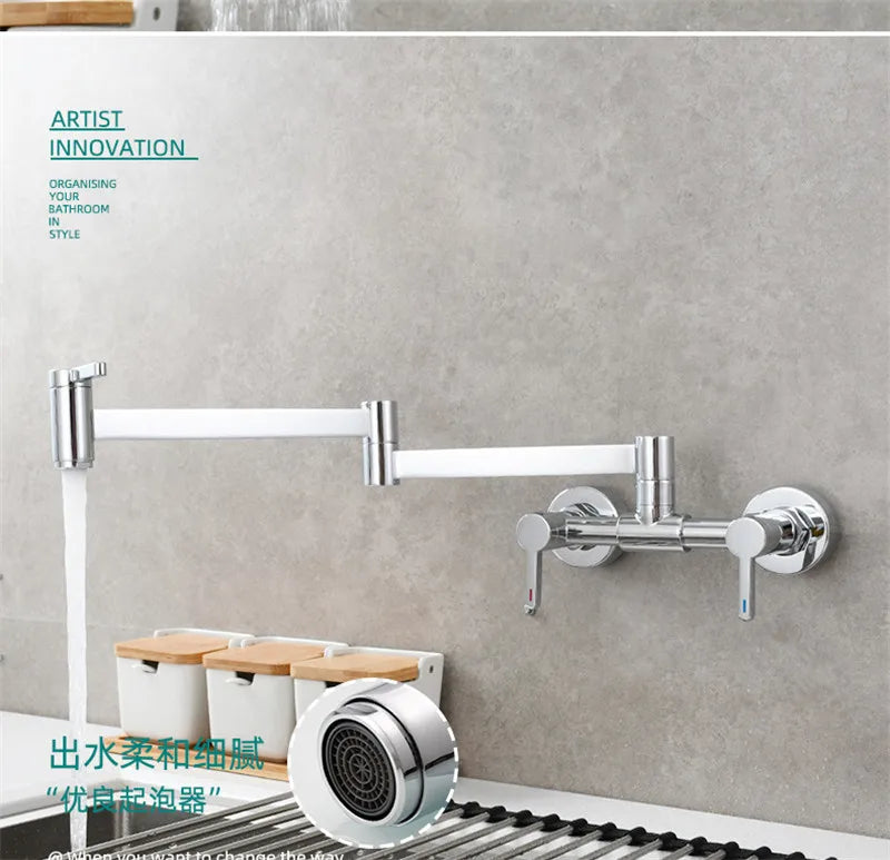 Chrome-finished extendable wall mounted pot filler tap with dual-handle control and sleek modern design for single hole use
