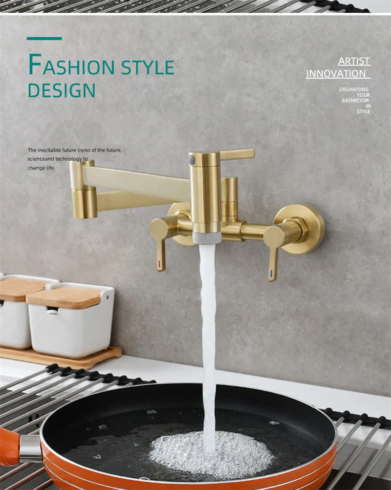 Gold-colored single hole wall mounted pot filler tap with foldable brushed brass spout for kitchen sink use