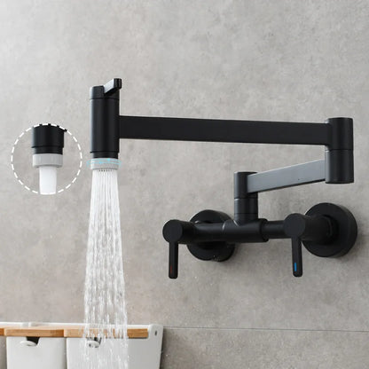 Black matte wall mounted single hole kitchen faucet with flexible gooseneck and dual handles including spray nozzle
